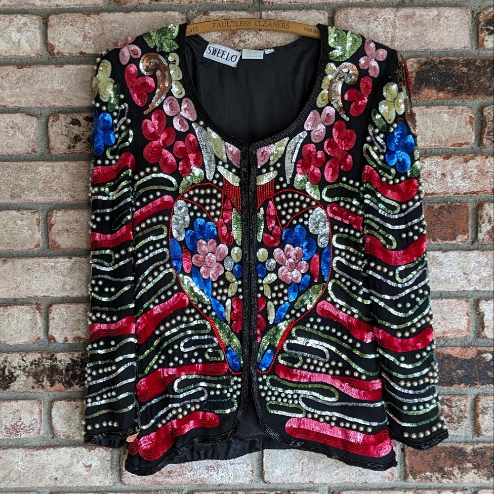 💎 Sweelo 80s Black Colorful Sequined Beaded Formal Jacket Vintage 12/14